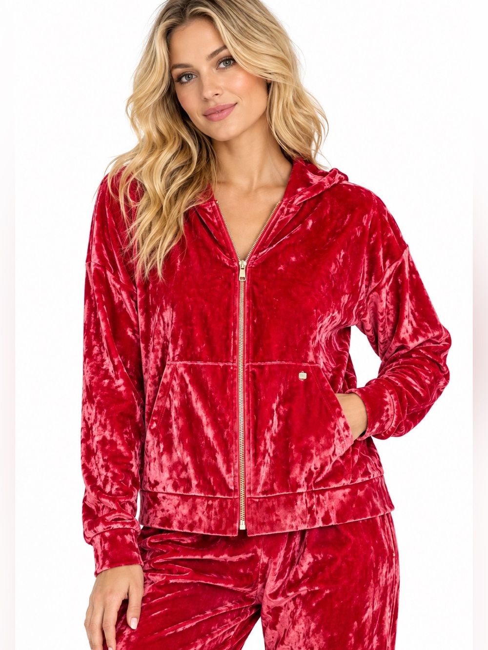 Fabletics XL Crushed Velvet Full Zip Hoodie Raspberry Pink Jacket